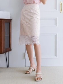 DAZY 蕾絲覆蓋直筒半身裙 - 白色 - 查看 4