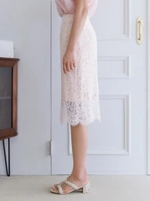 DAZY 蕾絲覆蓋直筒半身裙 - 白色 - 查看 5