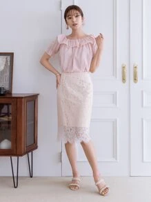 DAZY 蕾絲覆蓋直筒半身裙 - 白色 - 查看 7