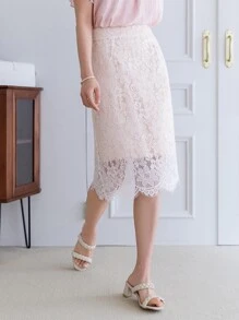 DAZY 蕾絲覆蓋直筒半身裙 - 白色 - 查看 11