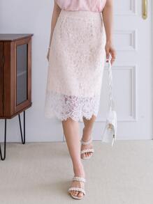 DAZY 蕾絲覆蓋直筒半身裙 - 白色 - 查看 18