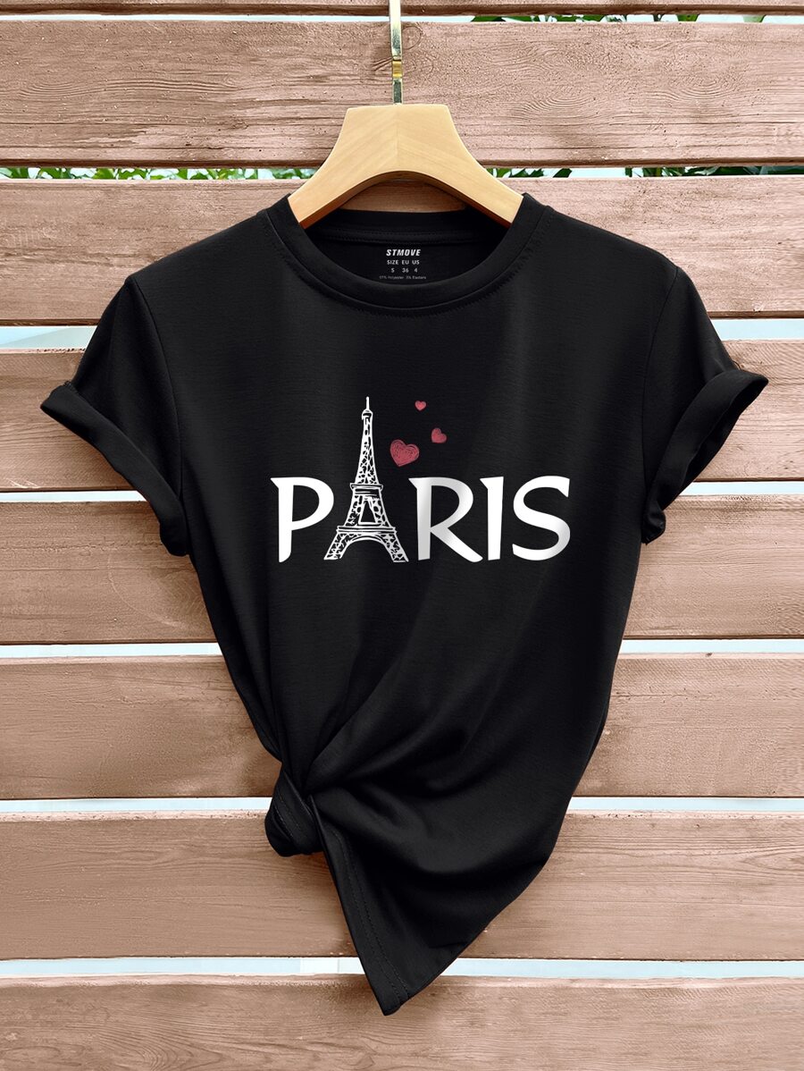 SHEIN LUNE 埃菲爾鐵塔和字母圖案T恤 - 黑色 - 查看 1