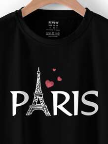 SHEIN LUNE 埃菲爾鐵塔和字母圖案T恤 - 黑色 - 查看 5