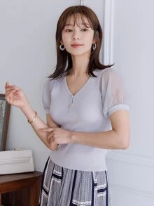 DAZY Contrast Mesh Puff Sleeve Knit Top - Light Grey - View 3