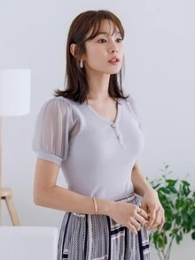 DAZY Contrast Mesh Puff Sleeve Knit Top - Light Grey - View 10