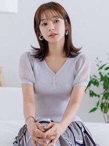 DAZY Contrast Mesh Puff Sleeve Knit Top - Light Grey - View 11