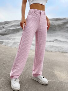 SHEIN EZwear High Waist Plaid Print Straight Leg Pants - Pink - View 1