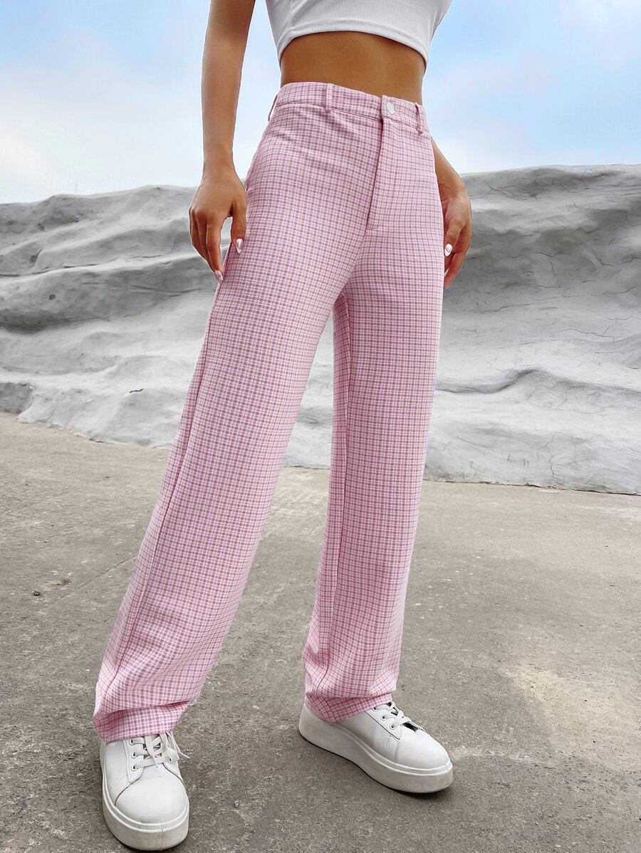 SHEIN EZwear High Waist Plaid Print Straight Leg Pants - Pink - View 1