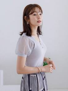 DAZY Contrast Mesh Puff Sleeve Knit Top - Light Grey - View 15