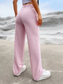 SHEIN EZwear High Waist Plaid Print Straight Leg Pants - Pink - View 2