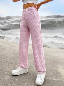 SHEIN EZwear High Waist Plaid Print Straight Leg Pants - Pink - View 3