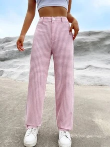 SHEIN EZwear High Waist Plaid Print Straight Leg Pants - Pink - View 4