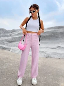 SHEIN EZwear High Waist Plaid Print Straight Leg Pants - Pink - View 5