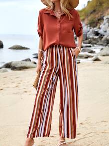 SHEIN VCAY Bộ đồ hai mảnh nữ Túi Nút phía trước Sọc Giải trí - Nhiều màu - Xem 1