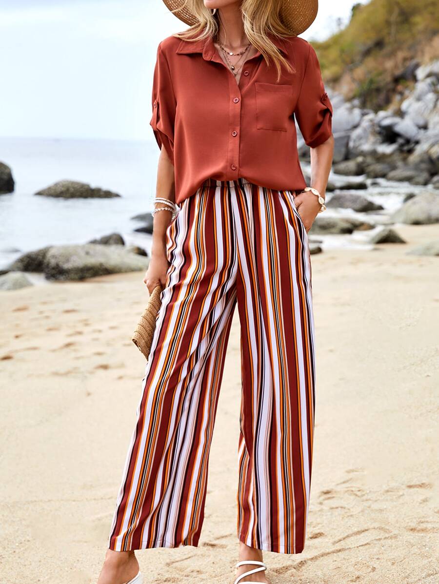 SHEIN VCAY Bộ đồ hai mảnh nữ Túi Nút phía trước Sọc Giải trí - Nhiều màu - Xem 1