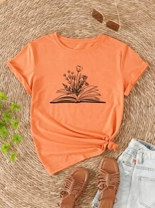 SHEIN LUNE Libro con con estampado floral Camiseta - Naranja - Ver 1