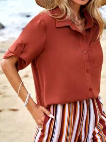 SHEIN VCAY Bộ đồ hai mảnh nữ Túi Nút phía trước Sọc Giải trí - Nhiều màu - Xem 3