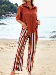 SHEIN VCAY Bộ đồ hai mảnh nữ Túi Nút phía trước Sọc Giải trí - Nhiều màu - Xem 5