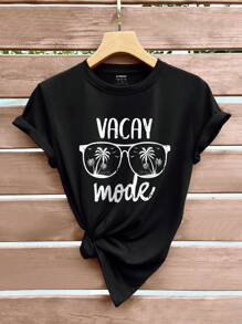 SHEIN LUNE Glasses And Letter Graphic Tee - Black - View 1