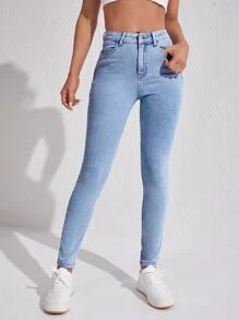 SHEIN Essnce Eenkleurig Dames jeans Knoop Zak Rits