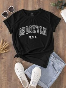 SHEIN LUNE 字母圖案T恤 - 黑色 - 查看 1