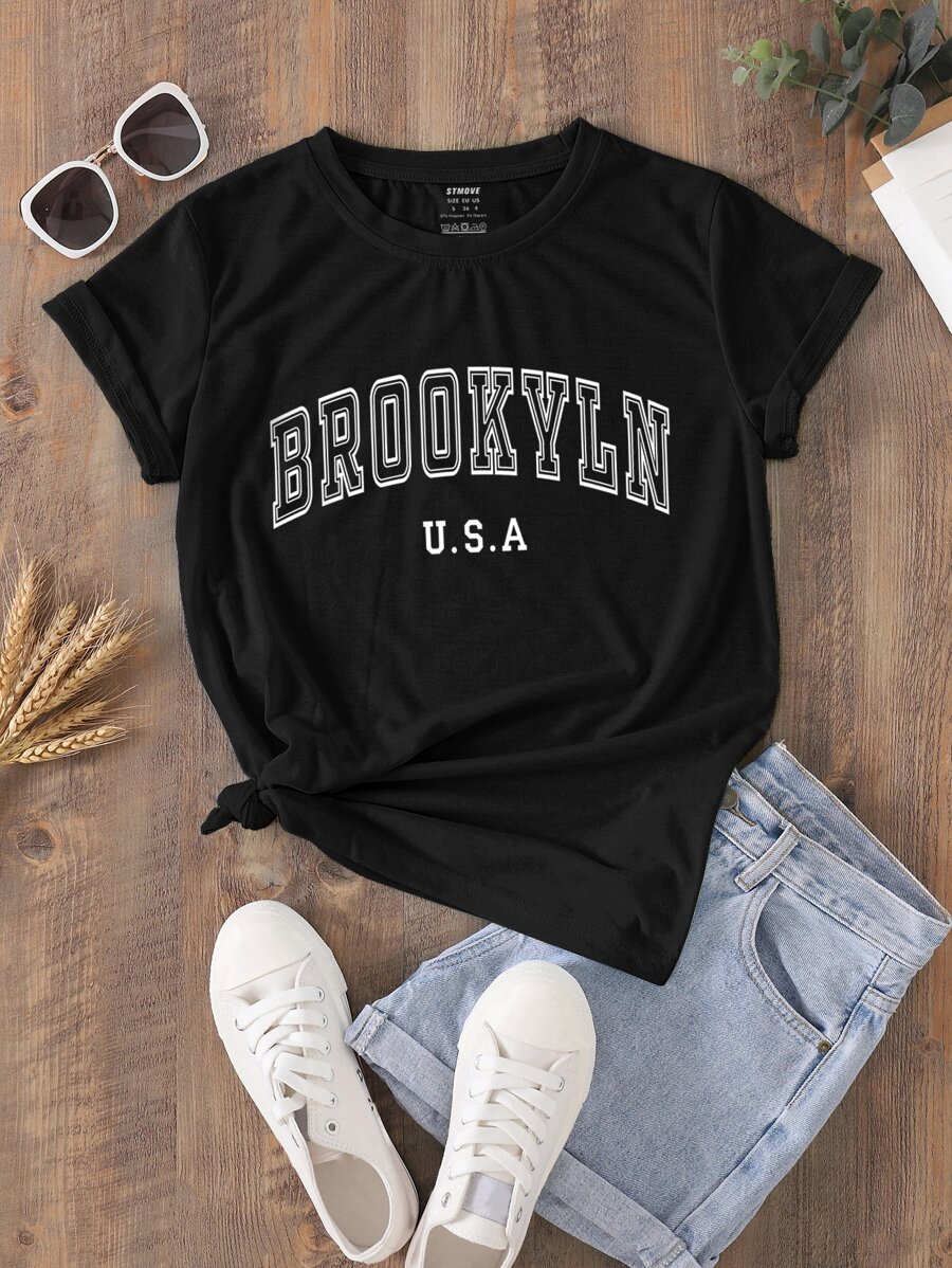 SHEIN LUNE 字母圖案T恤 - 黑色 - 查看 1