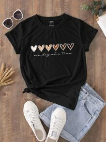 SHEIN LUNE Heart And Slogan Graphic Tee - Black - View 1