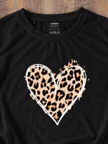 SHEIN LUNE 豹紋和心形印花T恤 - 黑色 - 查看 5