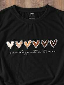 SHEIN LUNE Heart And Slogan Graphic Tee - Black - View 5
