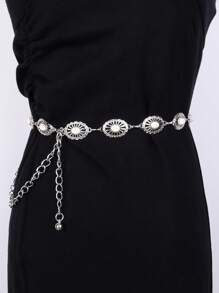 優雅1入組女性西部復古橢圓裝飾時尚鏈帶腰帶，適用於裙子或牛仔褲裝飾 - 銀色 - 查看 1