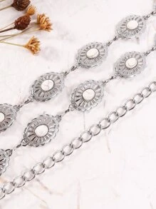 優雅1入組女性西部復古橢圓裝飾時尚鏈帶腰帶，適用於裙子或牛仔褲裝飾 - 銀色 - 查看 3