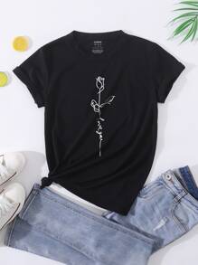SHEIN LUNE Slogan & Rose Print Tee - Black - View 1