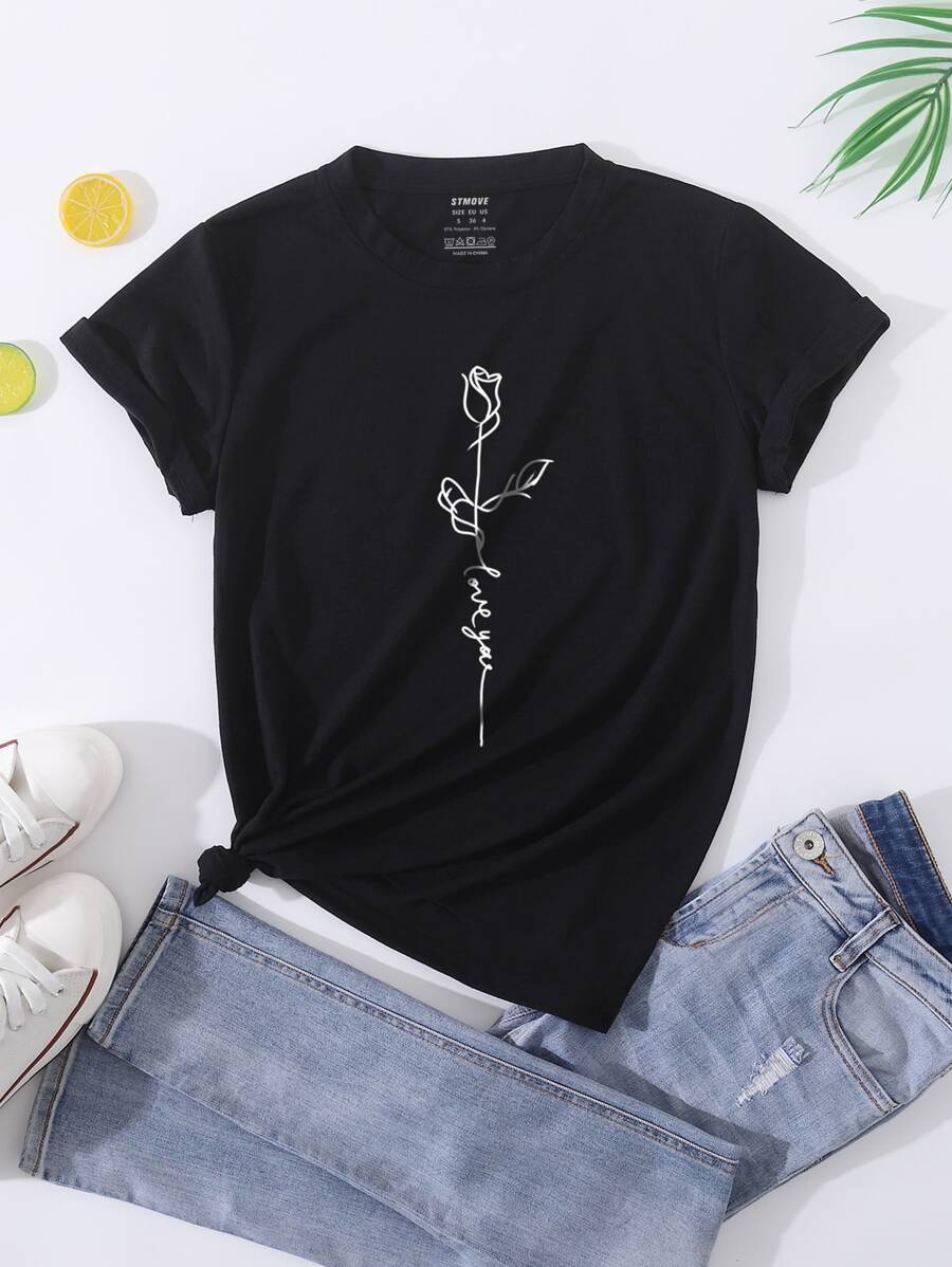 SHEIN LUNE Slogan & Rose Print Tee - Black - View 1