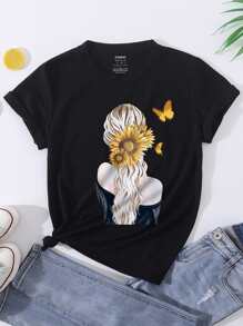 SHEIN LUNE Áo thun nữ Con số Loại bướm Giải trí - màu đen - Xem 1