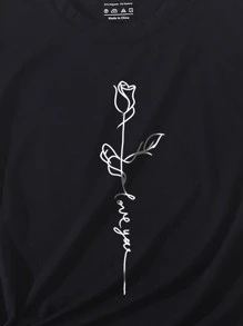 SHEIN LUNE Slogan & Rose Print Tee - Black - View 5