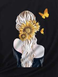 SHEIN LUNE Áo thun nữ Con số Loại bướm Giải trí - màu đen - Xem 5