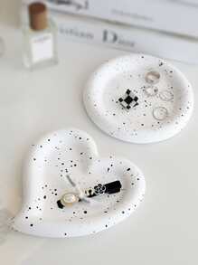 1pc Plaster Jewelry Tray, Creative Splash Ink Pattern Heart Design Jewelry Storage Display Tray For Home - Black and White - View 1
