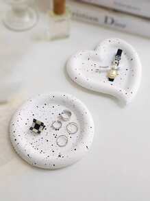 1pc Plaster Jewelry Tray, Creative Splash Ink Pattern Heart Design Jewelry Storage Display Tray For Home - Black and White - View 2