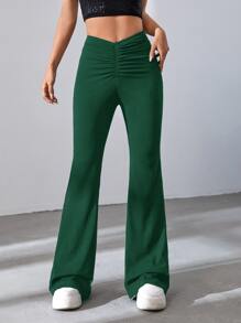 SHEIN EZwear Quần nữ Xù màu trơn Giải trí - Màu xanh lá cây đậm - Xem 1