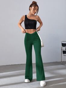 SHEIN EZwear Quần nữ Xù màu trơn Giải trí - Màu xanh lá cây đậm - Xem 3