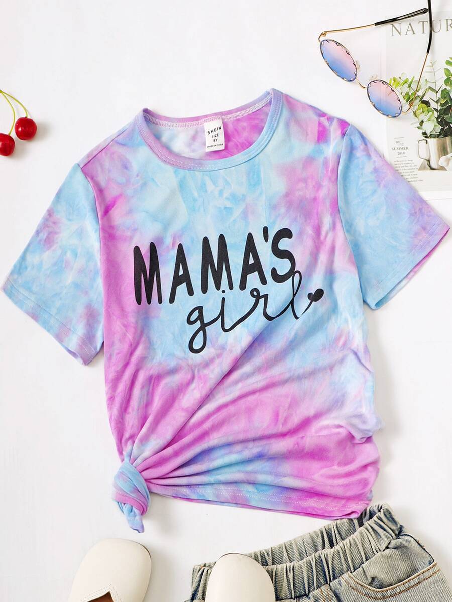 SHEIN 女孩紮染字母圖案T恤 - 彩色 - 查看 1