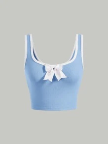 SHEIN MOD Contrast Binding Bow Front Tank Top - Baby Blue - View 1