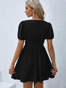 SHEIN VCAY 深V領泡泡袖A字洋裝 - 黑色 - 查看 2