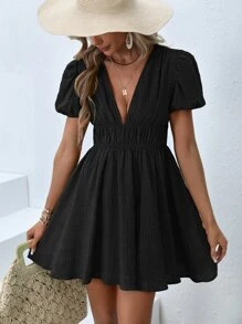 SHEIN VCAY 深V領泡泡袖A字洋裝 - 黑色 - 查看 5