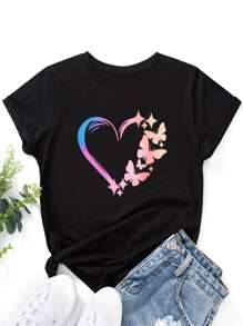 SHEIN LUNE Áo thun nữ Tim Loại bướm Giải trí - màu đen - Xem 1