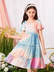 SHEIN Girls 1pc Tie Dye Frill Trim Ruffle Hem Dress - Multicolor - View 1