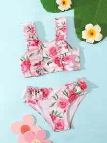 Young Girl Floral Print Ruffle Trim Bikini Set Summer Beach - Mauve Purple - View 2