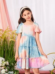 SHEIN Girls 1pc Tie Dye Frill Trim Ruffle Hem Dress - Multicolor - View 2
