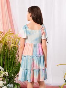 SHEIN Girls 1pc Tie Dye Frill Trim Ruffle Hem Dress - Multicolor - View 3