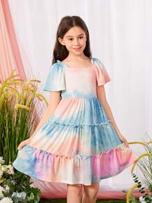 SHEIN Girls 1pc Tie Dye Frill Trim Ruffle Hem Dress - Multicolor - View 4
